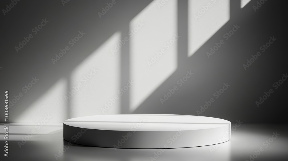 White round podium with evenly spread lighting and gentle shadow play, providing a clean and professional backdrop White round podium with evenly spread lighting and gentle shadow play, providing a clean and professional backdrop