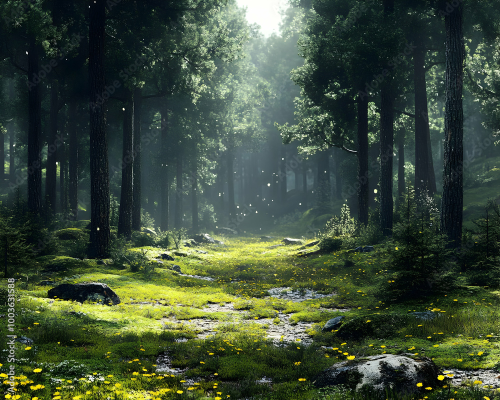 Obraz premium Sunlight Through Trees in Forest 3D Illustration