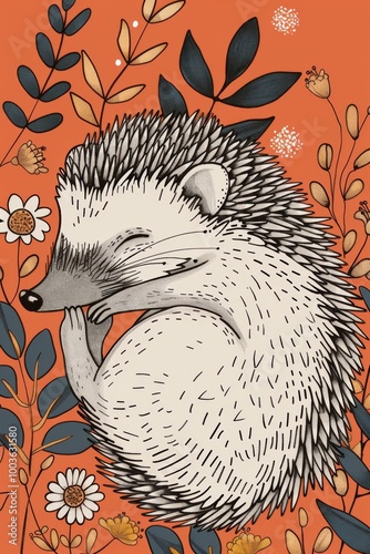 Wallpaper Mural Charming illustration of a hedgehog surrounded by flowers and leaves on an orange background. Perfect for nature-themed designs. Torontodigital.ca