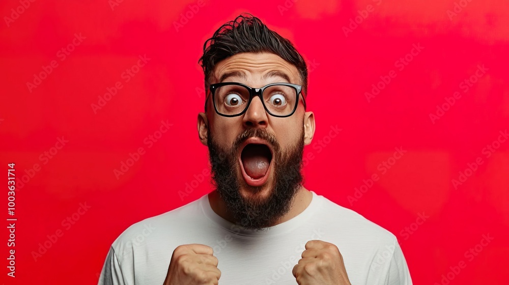 A crazy hipster guy showcasing happy emotions in a magazine-style collage celebrating sales. A crazy hipster guy showcasing happy emotions in a magazine-style collage celebrating sales.