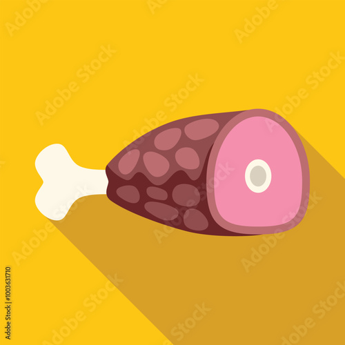 Simple colorful icon of a pork ham knuckle on a yellow background with a long shadow, perfect for a butcher shop