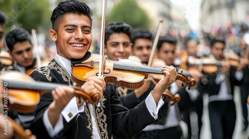 A group of musicians playing mariachi in a plaza, exuding joy and tradition photo