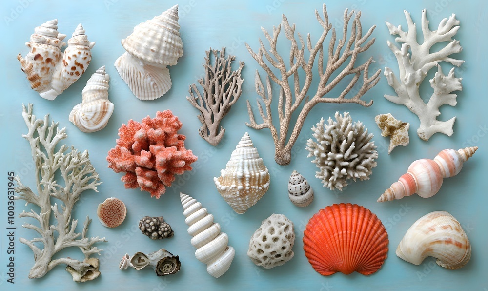 Obraz premium An assortment of sea shells and coral pieces arranged in a flat lay, Generative AI
