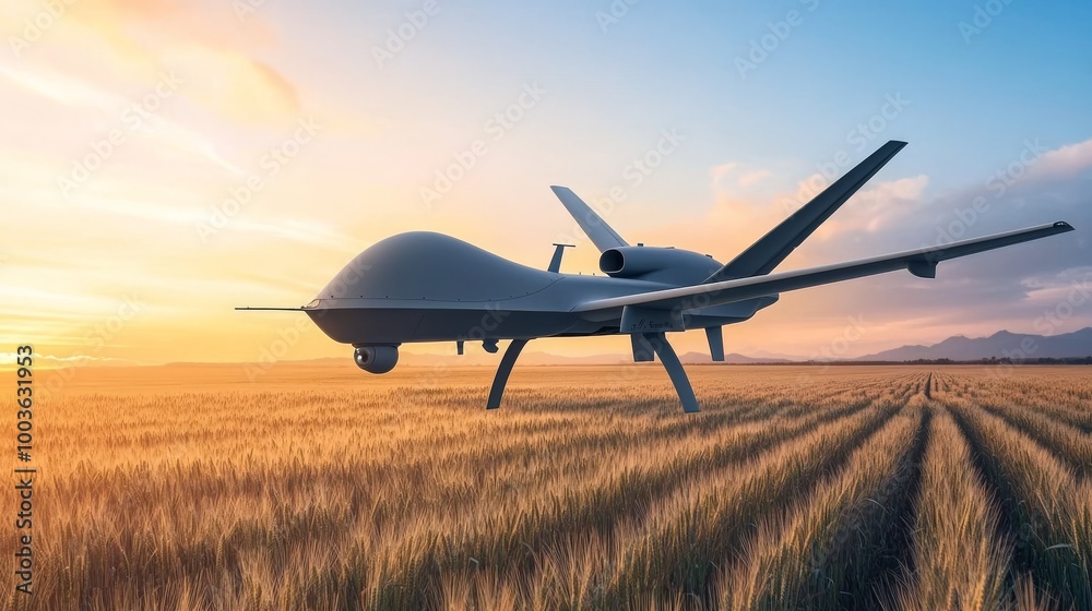 Armed Combat Drone Flying Low Over Wheat Fields at Dawn