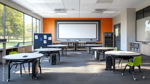 Modern classroom setup with smartboards and clean desks, leaving space for copy in the background. photo