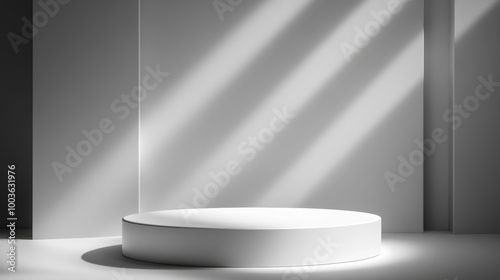 White round podium with soft spotlighting and pronounced shadows, creating a striking backdrop for high-end product displays