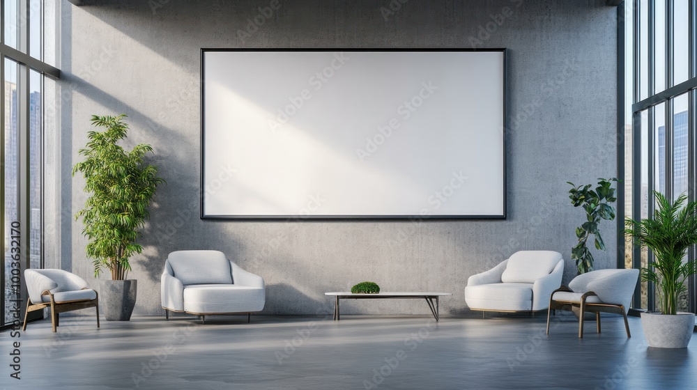 Modern interior with seating, plants, and a large screen for presentations or displays. Modern interior with seating, plants, and a large screen for presentations or displays.