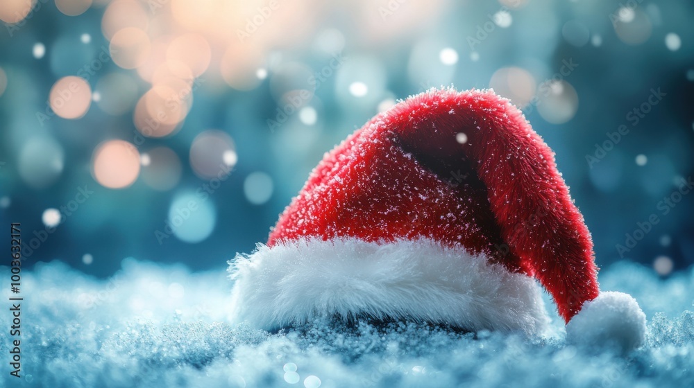 Santa hat detail shot, gradient blue background, soft fur texture, gentle highlights, festive card layout with wishes space. Santa hat detail shot, gradient blue background, soft fur texture, gentle highlights, festive card layout with wishes space.