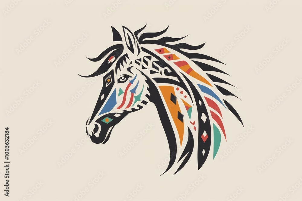 Fototapeta premium A striking abstract illustration of a horse's head featuring geometric patterns and bold colors, set against a beige background.