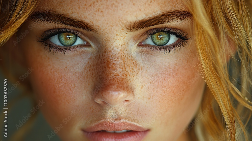 Close-Up Portrait of a Woman with Green Eyes and Freckles Close-Up Portrait of a Woman with Green Eyes and Freckles