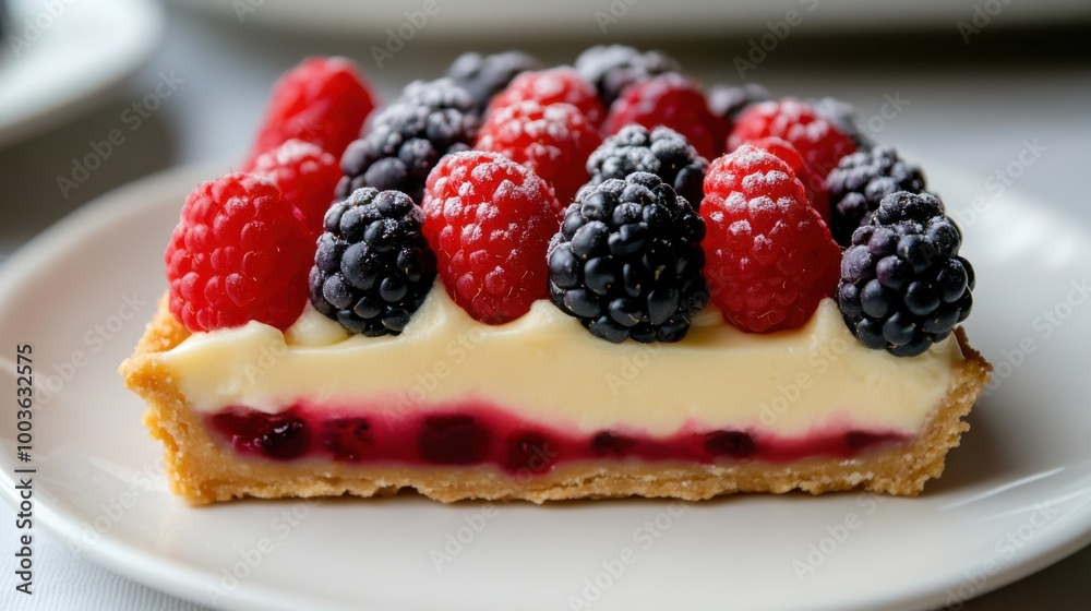 Close-up of a slice of fruit tart showing layers of flaky crust, creamy filling, and juicy berries Close-up of a slice of fruit tart showing layers of flaky crust, creamy filling, and juicy berries