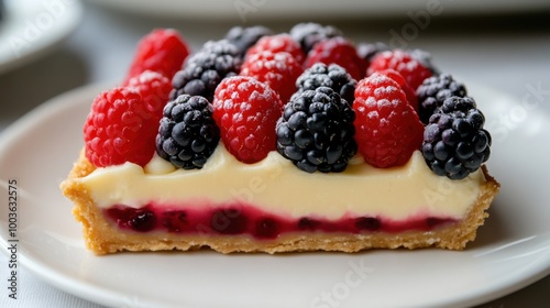 Close-up of a slice of fruit tart showing layers of flaky crust, creamy filling, and juicy berries