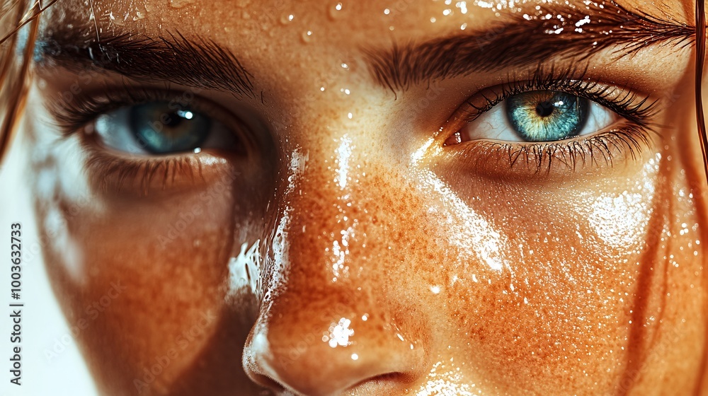 A close-up of woman's face with healthy skin and visible hydration, light reflecting off the surface, A close-up of woman's face with healthy skin and visible hydration, light reflecting off the surface,