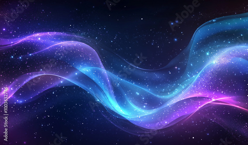 Vibrant Cosmic Waves of Blue and Purple Light in a Starry Night Sky – Abstract Galaxy and Aurora Borealis Inspired Digital Background