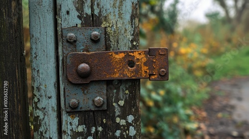 Rustic Hinge on Weathered Wooden Door in Autumn Landscape