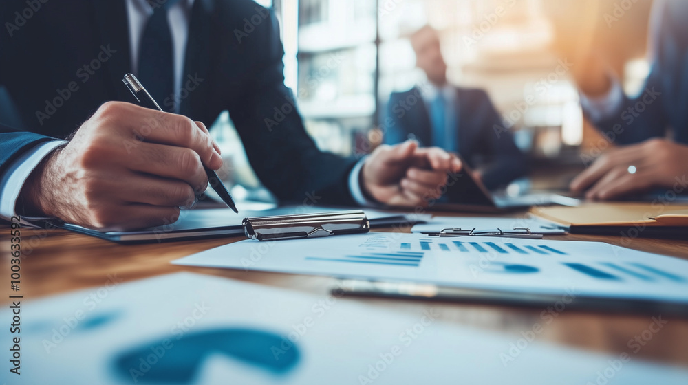 Business formal meeting conference discussion with coworker shareholder or client concentrate private ideas data report analysis businesspeople working find solution together in office,ai generat