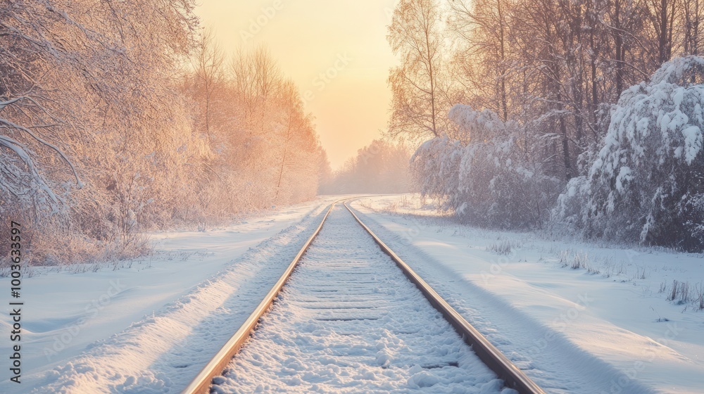 A serene winter landscape featuring snow-covered railway tracks at sunrise. A serene winter landscape featuring snow-covered railway tracks at sunrise.