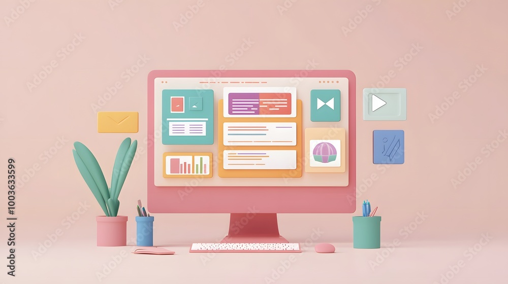 3D Web Vector Illustrations. Computer with open pages. Landing page template for web. 3D Web Vector Illustrations. Computer with open pages. Landing page template for web.