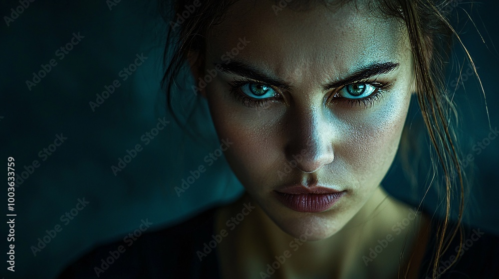 A striking portrait captures a woman with intense eyes, boldly confronting the viewer and exuding an air of defiance. A striking portrait captures a woman with intense eyes, boldly confronting the viewer and exuding an air of defiance.