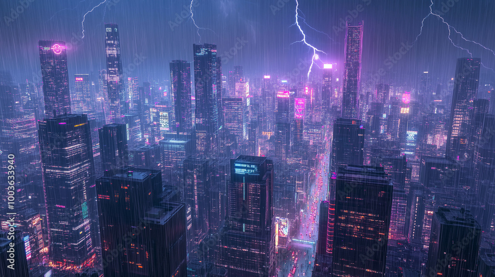 Fototapeta premium Lightning Illuminating the Rainy Cityscape