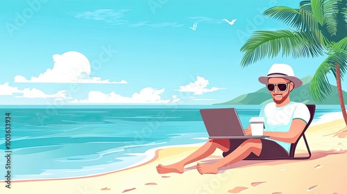 Man Working on Laptop While Relaxing on a Beach