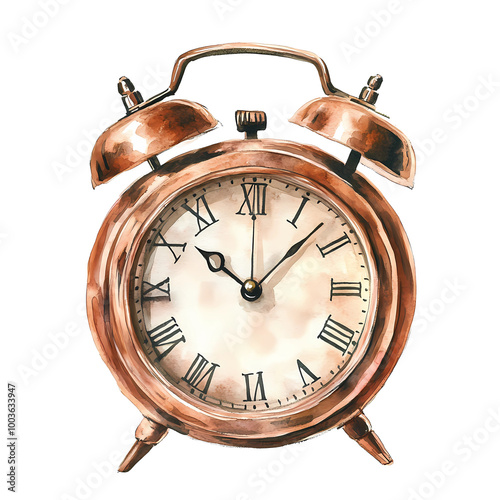 Watercolor painting of a vintage alarm clock, illustration isolated on a white background