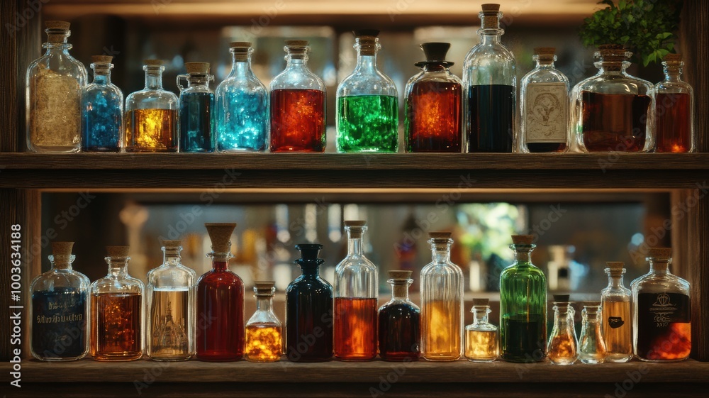 Colorful glass bottles arranged on wooden shelves in a cozy setting. Colorful glass bottles arranged on wooden shelves in a cozy setting.