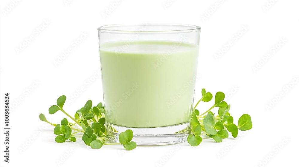 A glass of alfalfa smoothie with fresh alfalfa sprouts on solid white background, single object A glass of alfalfa smoothie with fresh alfalfa sprouts on solid white background, single object