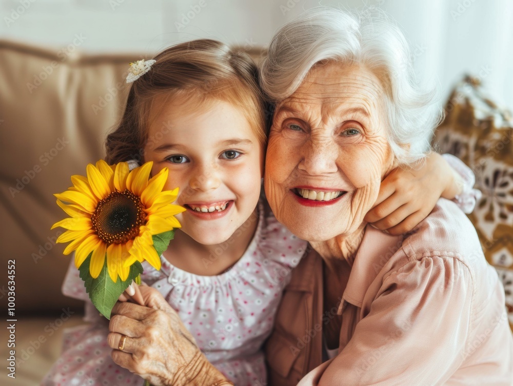 A grandmother and her granddaughter are smiling and hugging. AI.