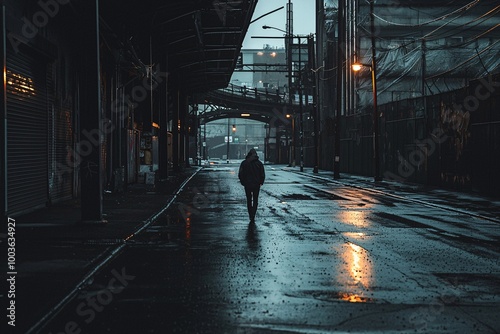 A lone silhouette traverses a desolate avenue, reflecting the essence of disconnection in a sprawling metropolis. photo