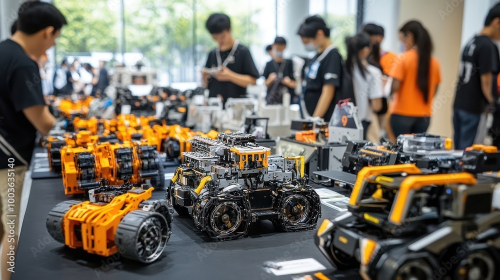 A group of robotic vehicles on display, showcasing the intricate details of their engineering. A group of robotic vehicles on display, showcasing the intricate details of their engineering.