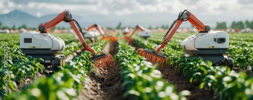 The image shows advanced robotic arms working in a lush green agricultural field, showcasing technology and innovation in farming. photo