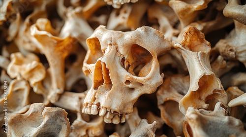 Close-up of a human skull with other bones in the background.