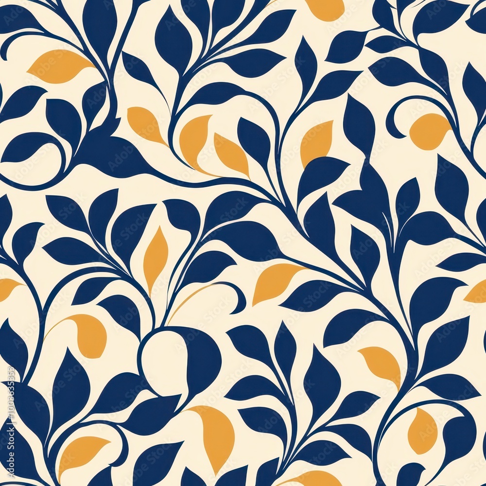 A floral pattern featuring dark blue leaves and mustard yellow accents on a cream background, creating a stylish and vibrant design. A floral pattern featuring dark blue leaves and mustard yellow accents on a cream background, creating a stylish and vibrant design.