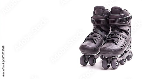 Plakat A pair of rollerblades on solid white background, single object