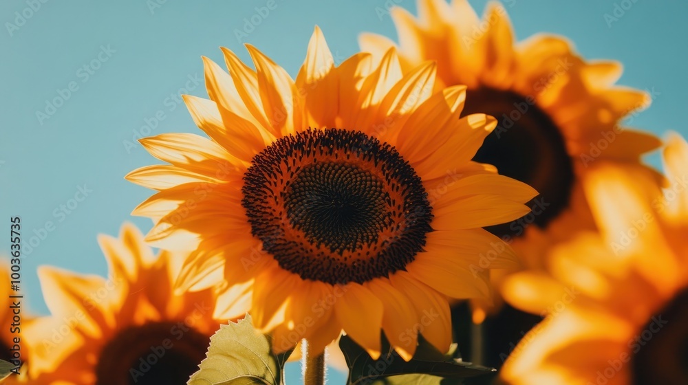 Obraz premium A close-up shot of sunflowers basking in the sunlight, their bright yellow petals glowing against a clear blue sky.