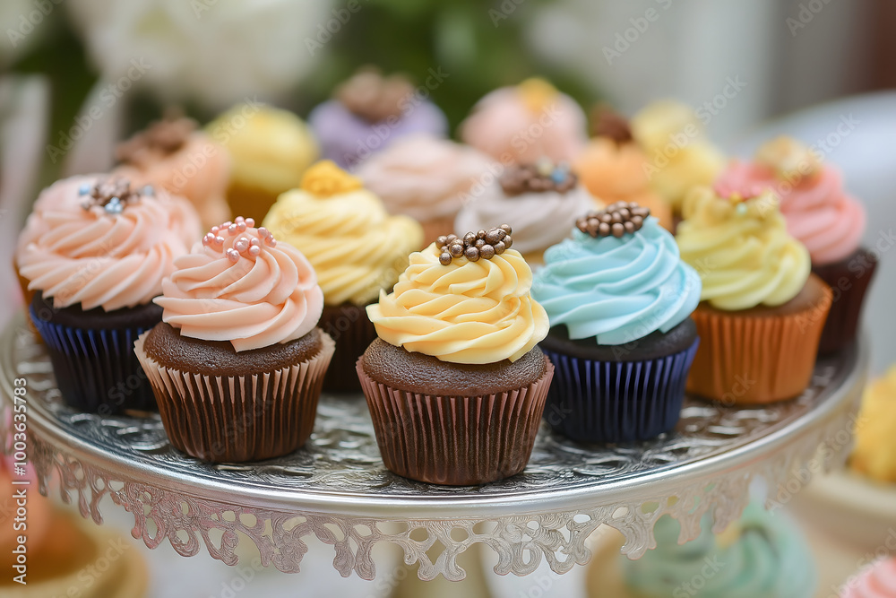 A selection of colorful cupcakes with various frostings and toppings, displayed on a decorative cake stand at a party A selection of colorful cupcakes with various frostings and toppings, displayed on a decorative cake stand at a party
