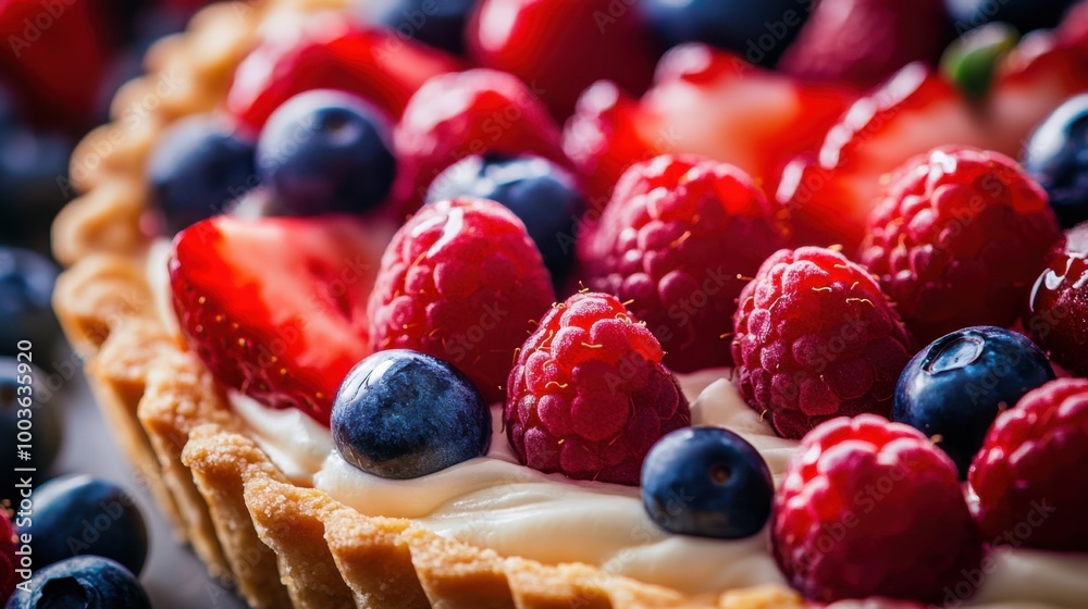 Close-up shot of a fresh fruit tart with juicy strawberries, blueberries, and raspberries Close-up shot of a fresh fruit tart with juicy strawberries, blueberries, and raspberries