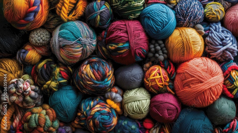 A collection of colorful yarn balls with various knots tied in them, creating a cozy and creative atmosphere for knitting enthusiasts. A collection of colorful yarn balls with various knots tied in them, creating a cozy and creative atmosphere for knitting enthusiasts.