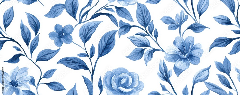A serene pattern featuring blue flowers and leaves against a white background, ideal for textiles or wallpaper. A serene pattern featuring blue flowers and leaves against a white background, ideal for textiles or wallpaper.