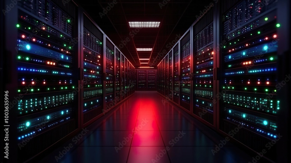Server in a data center illustrating cloud computing data storage with detailed 3D rendering for visual impact. Server in a data center illustrating cloud computing data storage with detailed 3D rendering for visual impact.
