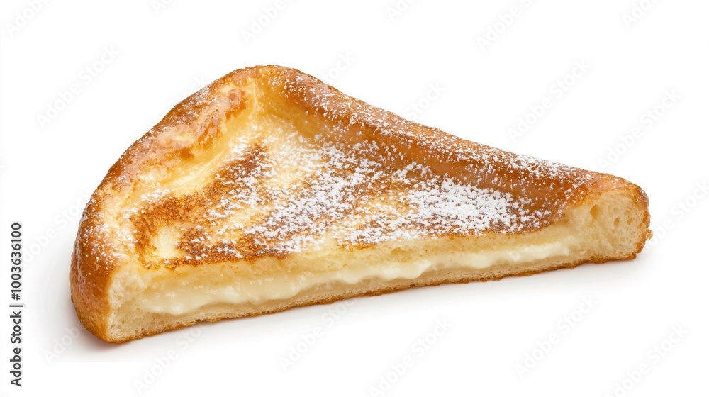 A French toast slice with powdered sugar on solid white background, single object A French toast slice with powdered sugar on solid white background, single object