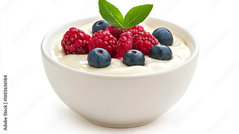 A bowl of oatmeal with fresh berries on solid white background, single object A bowl of oatmeal with fresh berries on solid white background, single object