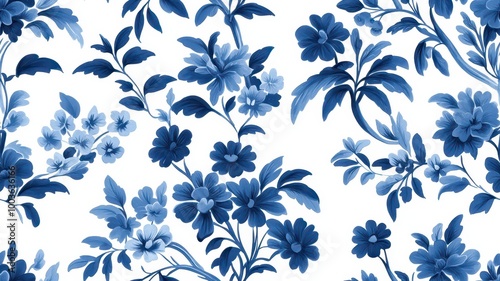 A beautiful blue floral pattern on a white background, featuring various blossoms and leaves in a delicate, artistic style.