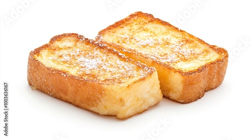 A French toast slice with powdered sugar on solid white background, single object