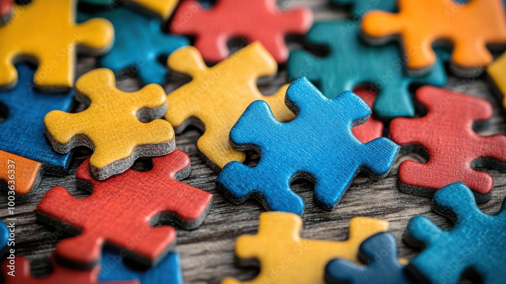Colorful jigsaw puzzle pieces scattered on a wooden surface. Colorful jigsaw puzzle pieces scattered on a wooden surface.