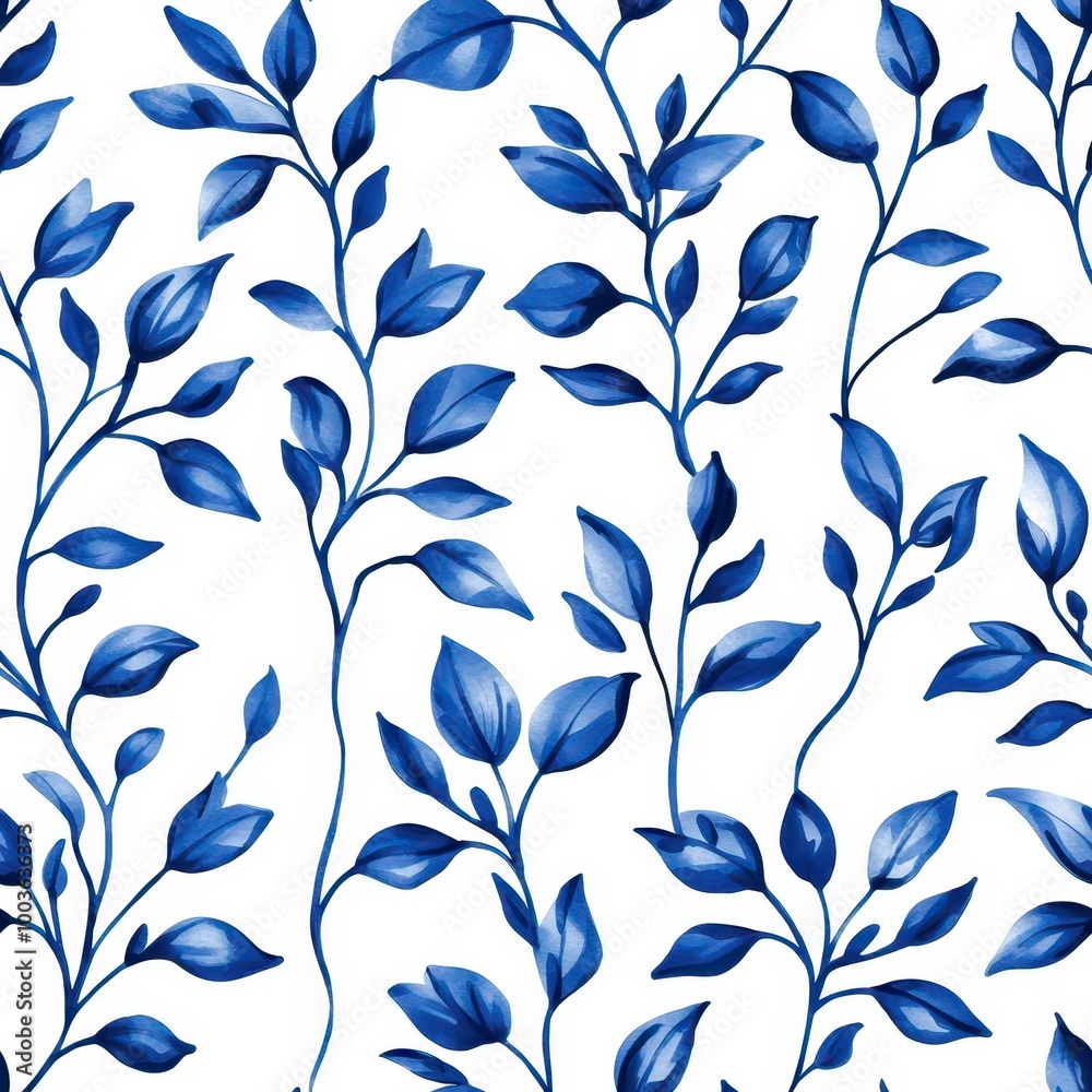 A seamless pattern featuring elegant blue leaves on a white background, perfect for textiles or wallpapers. A seamless pattern featuring elegant blue leaves on a white background, perfect for textiles or wallpapers.