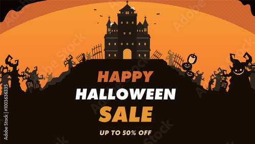 不気味な森とパンプキン、お化け屋敷で飾られたハロウィンのセール広告バナー背景テンプレート（オレンジ）　Halloween sale ad banner background template decorated with a spooky forest, pumpkins, and a haunted house (orange)