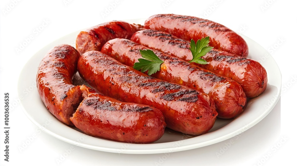 A plate of grilled tomatoes with breakfast sausages on solid white background, single object A plate of grilled tomatoes with breakfast sausages on solid white background, single object