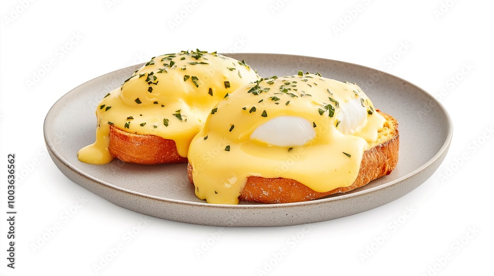 A plate of poached eggs with hollandaise sauce on solid white background, single object A plate of poached eggs with hollandaise sauce on solid white background, single object